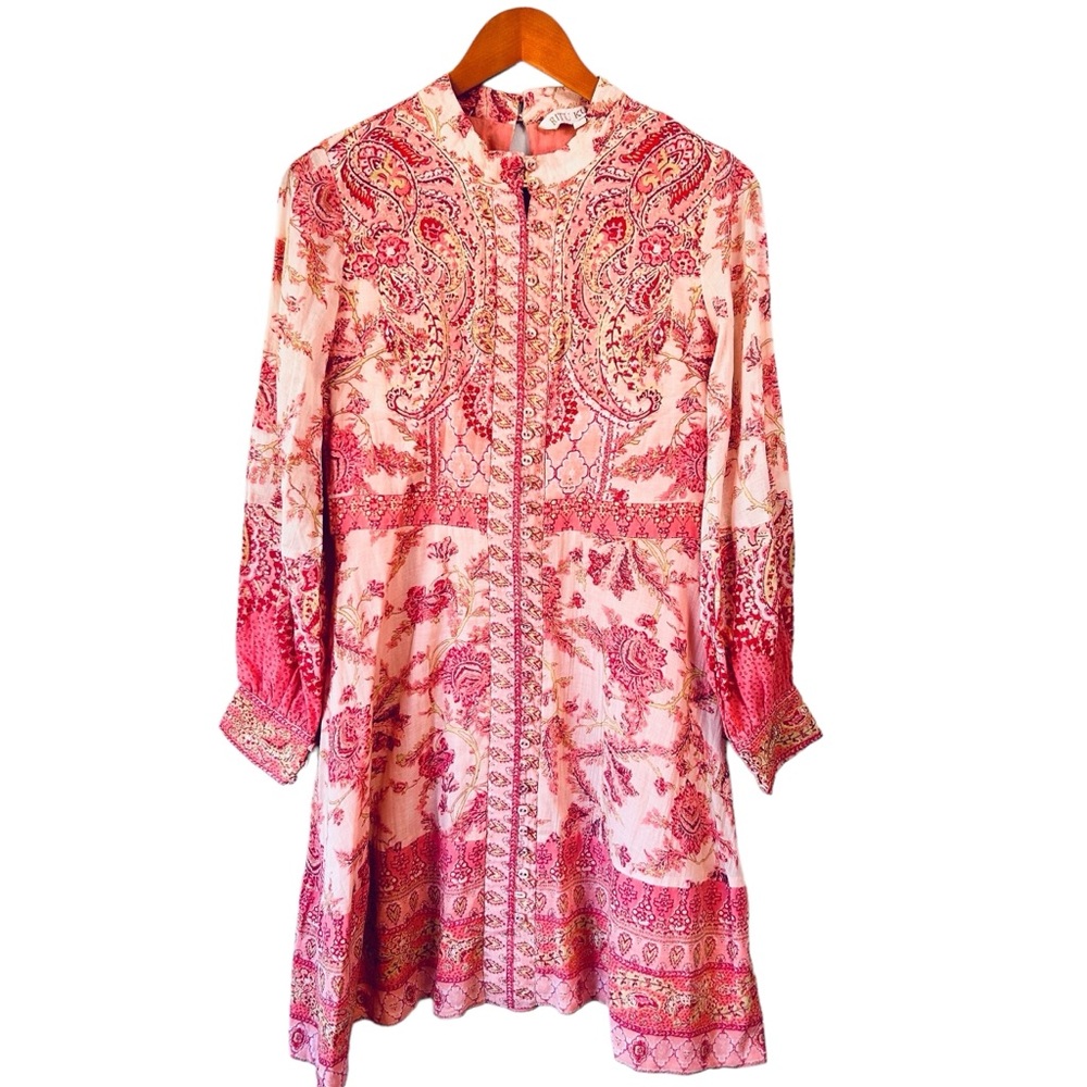 Ritu Kumar pink floral boho long sleeve cotton midi dress Small
